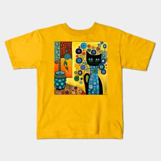 Black Cat in Vase with Cute Abstract Flowers Still Life Painting Kids T-Shirt